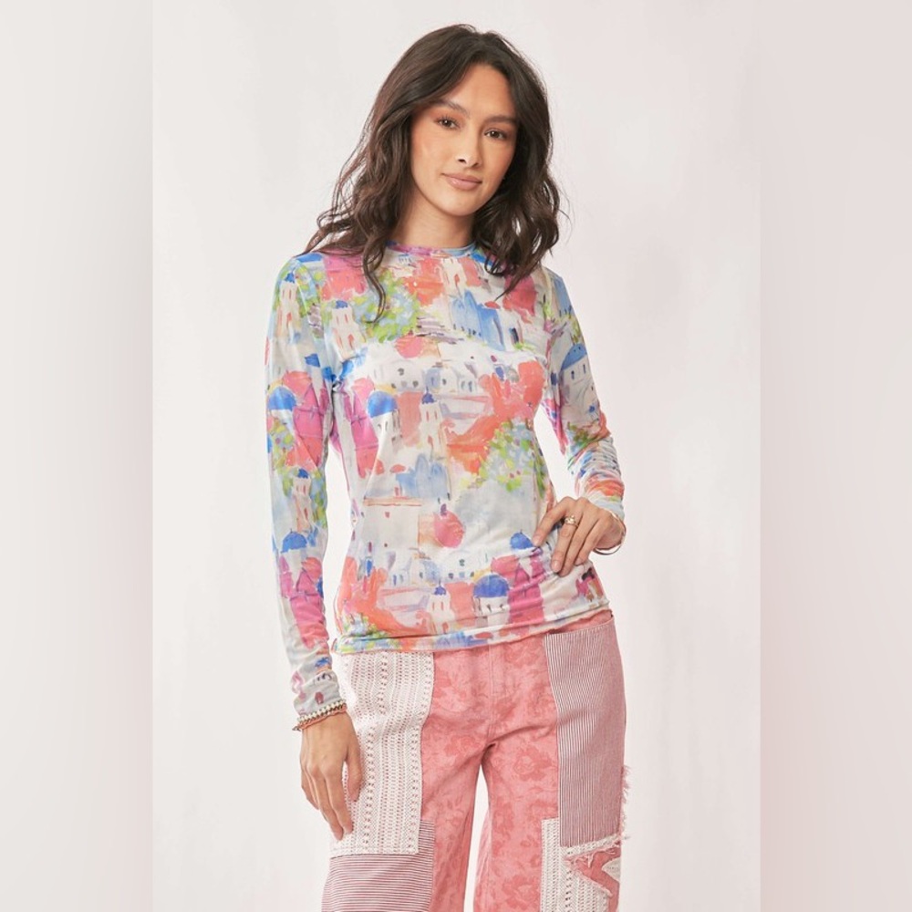 391B-PINK. Colorful Vintage Building Print Mesh Top